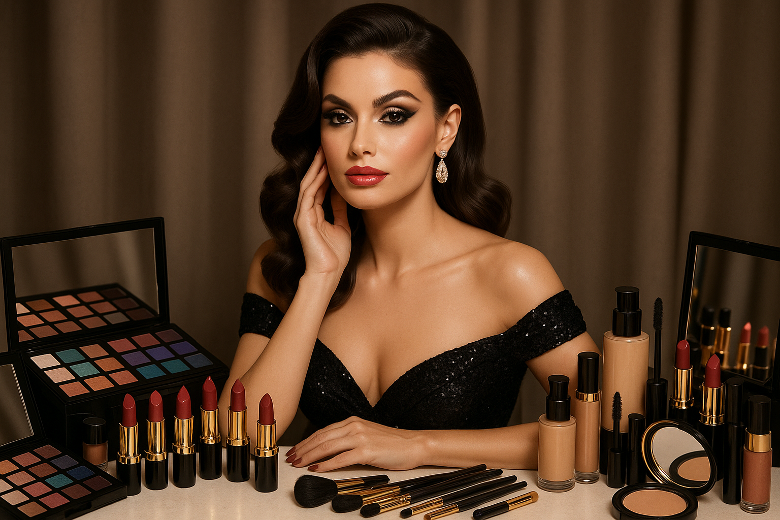 Beautiful Diva surrounded by makeup  